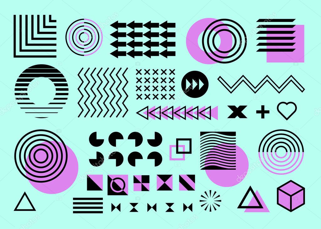 Vector Memphis set, collection of design elements.Isolated on cyan background. Flat design black and purple, arrows, circles, zigzag, waves, triangles squares.