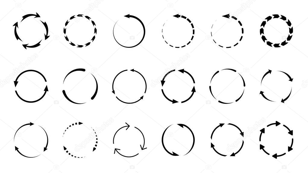 set of vector recycle symbols, reloading sign, isolated in white background, rounded arrows collection, black outline, illustration refresh button black silhouette