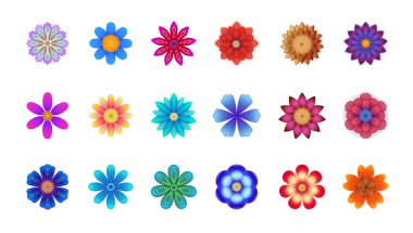 Vektör çiçek seti, beyaz arka planda renkli çiçekler, farklı çiçek koleksiyonu, güzel çeşitlilikte çiçekler. 