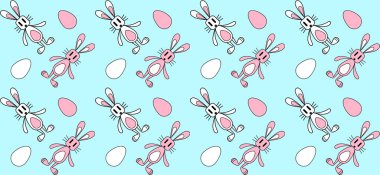 vektörsüz desen, tavşan, tavşan çizimi, renkli taslak, Paskalya deseni, beyaz ve pembe yumurtalar, ve el ilanları, afişler, kartpostallar ve benzeri şeyler için tavşanlar.