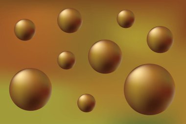 Arka planda metalik toplar, farklı boyutlarda altın küreler, 3 boyutlu metal parlayan toplar.