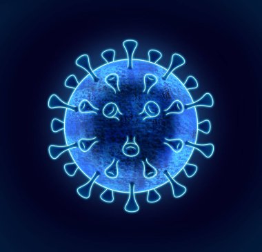 Koyu mavi arkaplanda parlayan mavi Corona virüsü illüstrasyon, virüs, covid 19, dünya enfeksiyonu.
