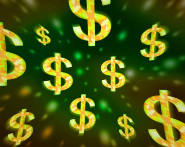 Altın dolar sembolü. Yeşil arka planda 3D, altın dolar işareti, parlak USD sembolü.