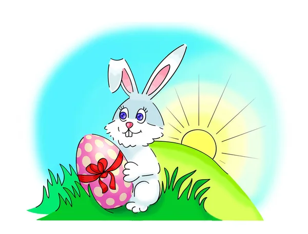 Easter bunny, Easter bunny colorful illustration, bunny holding egg gift, cute bunny on grass in nature