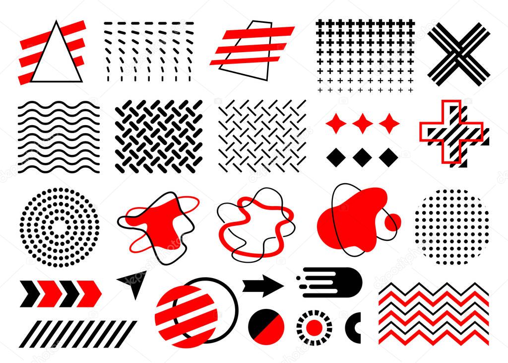red and black Memphis set, vector collection of abstract geometric flat shapes, circle, arrows, amoeba, dot gradient, waves, zigzags, fireball, isolated on white background