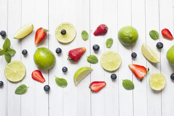 Fresh Berries Citrus Lime Mint Blueberries Strawberry Light Background Copy — Stock Photo, Image