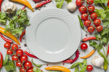 Sıcak biber çok renkli, şube, sarımsak ve diğer baharatlar kiraz domates plaka kopya alanı gri.