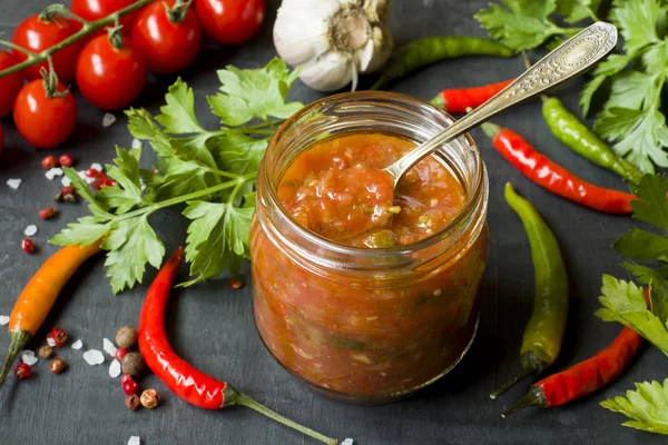 Sauce Ketchup Lecho Glass Jar Chili Tomato Cherry Garlic Other — Stock Photo, Image