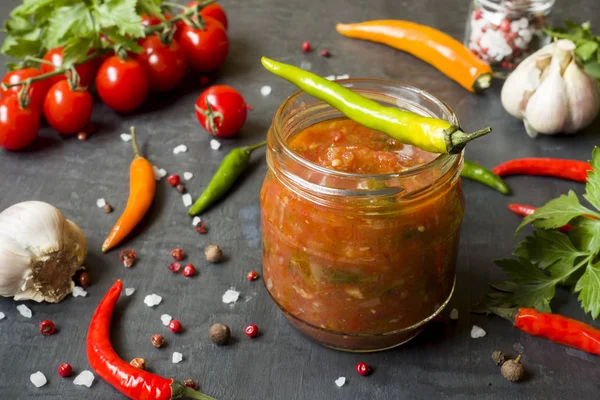 Sauce Ketchup Lecho Glass Jar Chili Tomato Cherry Garlic Other — Stock Photo, Image