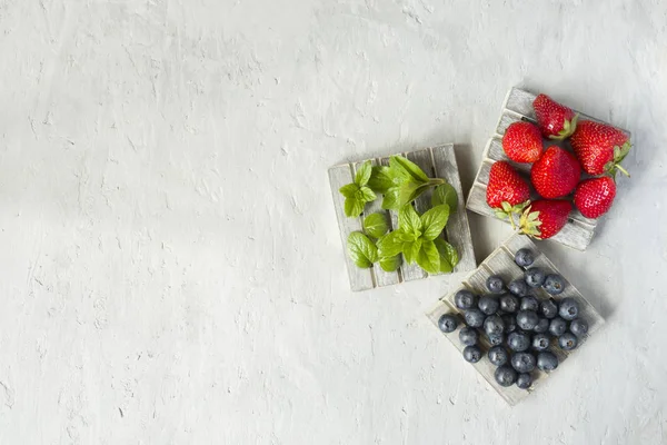 Taze çilek çilek yaban mersini nane kopya alanı metin için bir ahşap stand, gri zemin üzerine.