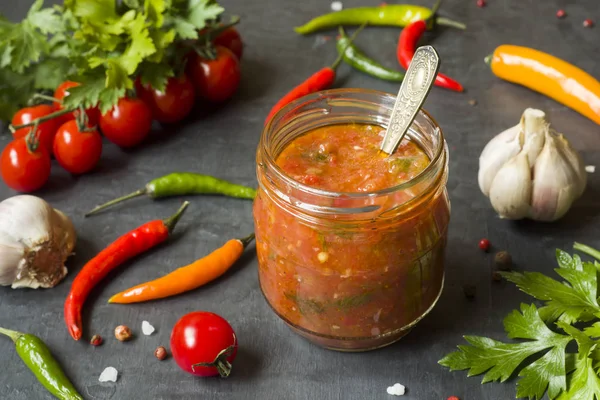 Sauce Ketchup Lecho Glass Jar Chili Tomato Cherry Garlic Other — Stock Photo, Image