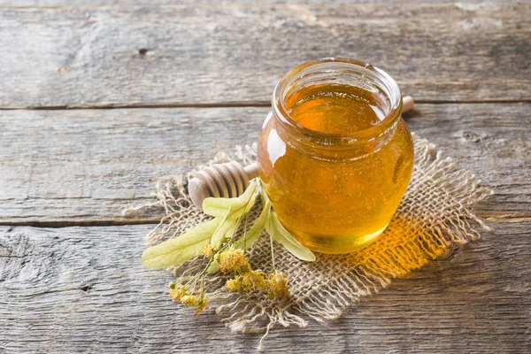 Glass Jar Honey Linden Flowers Wooden Background — Stock Photo, Image