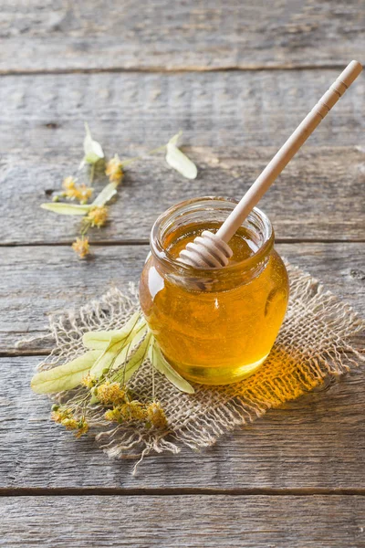 Pot Verre Miel Fleurs Tilleul Sur Fond Bois — Photo