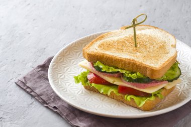 Peynir, jambon ve bir plaka üzerinde taze sebze ile sandviç.