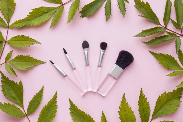 Pinceles Maquillaje Sobre Fondo Rosa Pastel Con Hojas Plantas Concepto — Foto de Stock