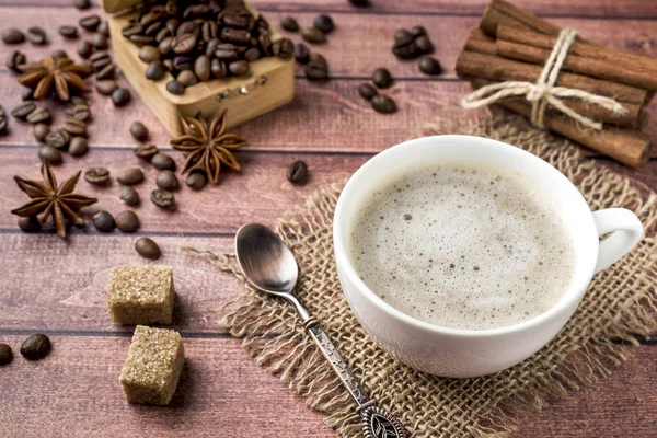 White Coffee Cup Saucer Milk Foam Cane Sugar Cinnamon Anise — Stock Photo, Image