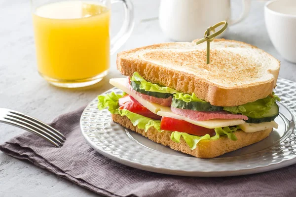 Sandwich Cheese Ham Fresh Vegetables Plate Fresh Juice Cup Coffee — Stock Photo, Image