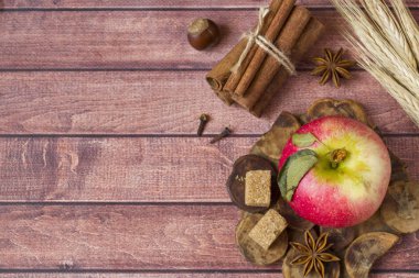 Taze kırmızı elma, baharatlı baharat tarçın, anason ve karanfil. Sonbahar konsepti.
