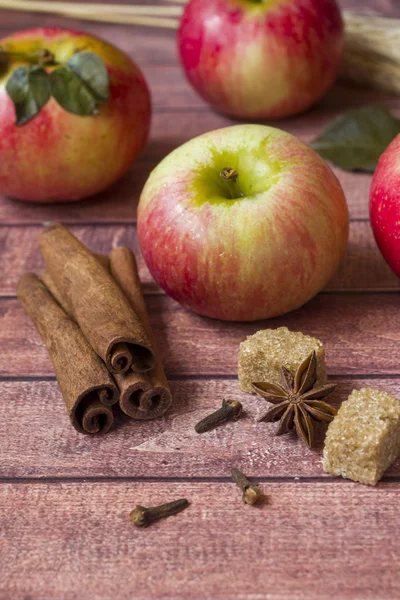 Taze kırmızı elma, baharatlı baharat tarçın, anason ve karanfil. Sonbahar konsepti.