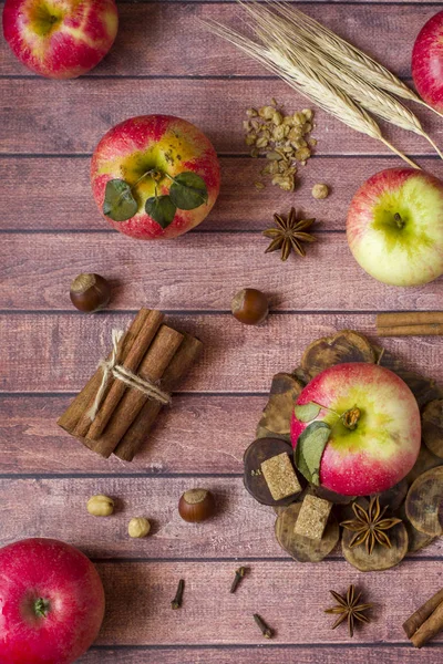 Frische Rote Äpfel Würzige Gewürze Zimt Anis Und Nelken Herbstkonzept — Stockfoto