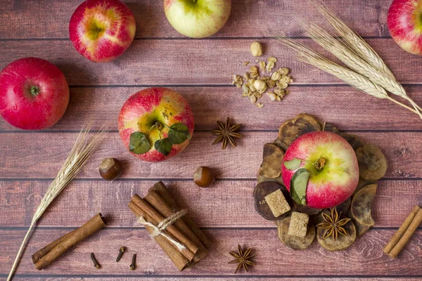 Fresh Red Apples Spicy Spices Cinnamon Anise Cloves Autumn Concept — Stock Photo, Image