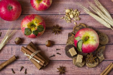 Taze kırmızı elma, baharatlı baharat tarçın, anason ve karanfil. Sonbahar konsepti.
