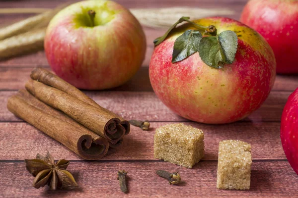 Frische Rote Äpfel Würzige Gewürze Zimt Anis Und Nelken Herbstkonzept — Stockfoto