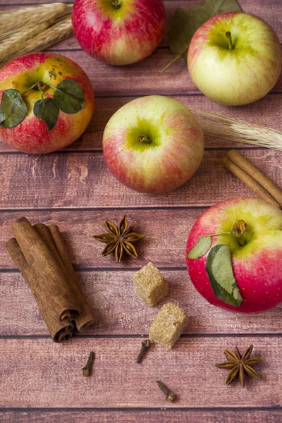 Frische Rote Äpfel Würzige Gewürze Zimt Anis Und Nelken Herbstkonzept — Stockfoto