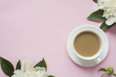 Şakayık kiraz meyveleri pastel pembe arka plan üzerine beyaz metin için Not defteri çiçekler