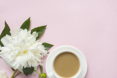 Şakayık kiraz meyveleri pastel pembe arka plan üzerine beyaz metin için Not defteri çiçekler