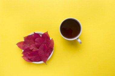 Kırmızı sonbahar yaprakları ve bir fincan kahve parlak sarı bir arka plan üzerinde. Sonbaharın soyut kavram.