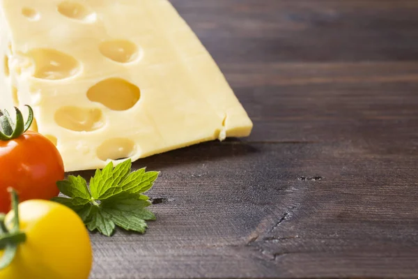 Cheese Tomatoes Dark Wooden Background Copy Space — Stock Photo, Image