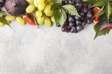 Çerçeve sonbahar taze meyve. Üzüm siyah ve yeşil, incir ve kopya alanı gri bir tabloyla yapraklarda