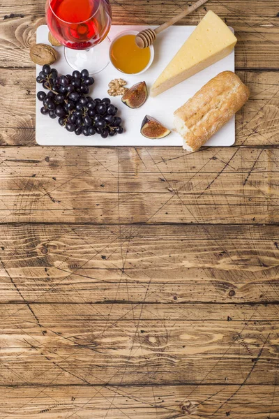 Cheese Wine Baguette Grapes Figs Honey Snacks Rustic Wooden Table — Stock Photo, Image