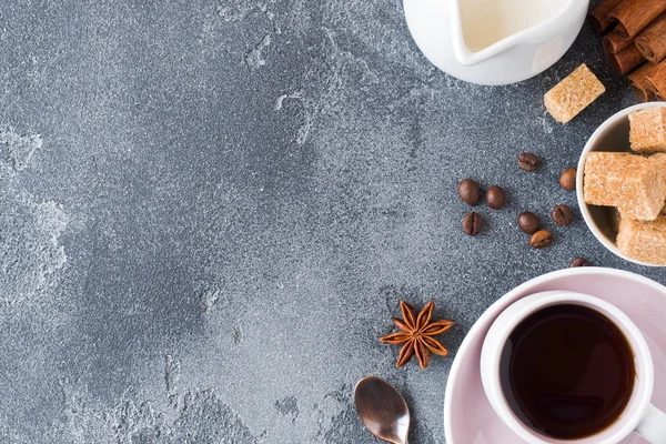 Cup Coffee Brown Sugar Cinnamon Anise Concrete Background Copy Space — Stock Photo, Image