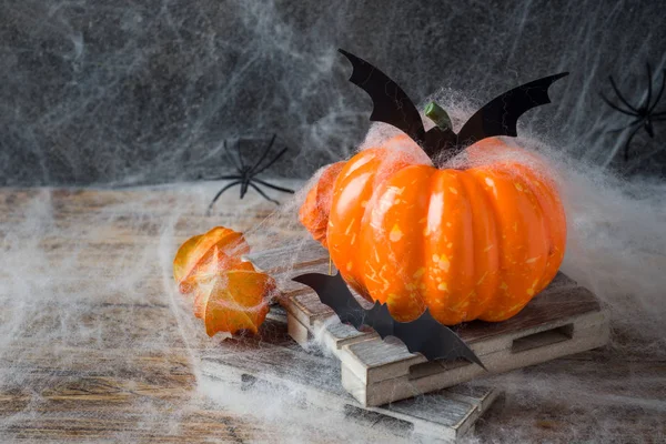 Sütőtök Denevérek Pókok Halloween Szelektív Összpontosít Másolja Hely — Stock Fotó