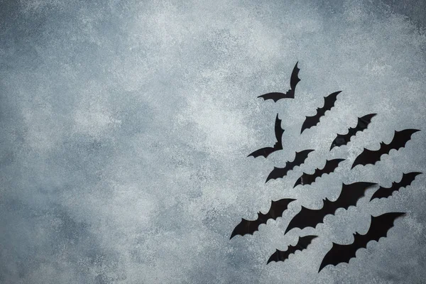 Cadılar Bayramı kavramı. gri arka plan üzerinde siyah kağıt yarasalar. Kopya alanı