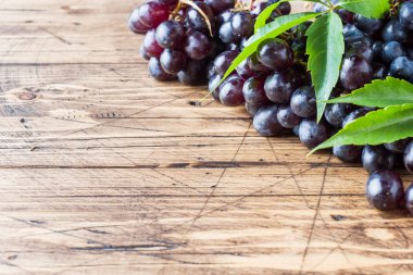 Ahşap ahşap bir masa üzerinde taze siyah üzüm demet bir seçici odak vardır