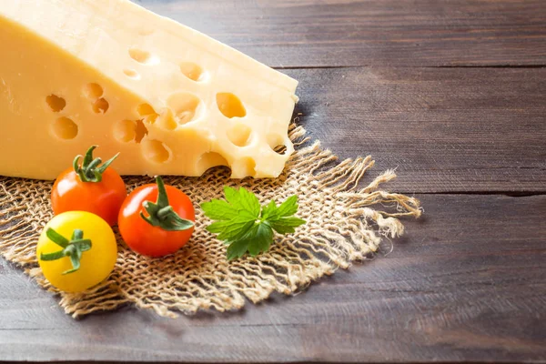 Cheese Tomatoes Dark Wooden Background Copy Space — Stock Photo, Image