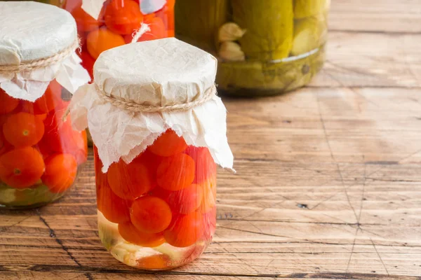 Homemade Canned Vegetables Cans Pickled Tomatoes Cucumbers Rural Style Copy — Stock Photo, Image