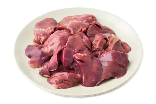 Fresh Raw Chicken Liver Plate Isolated White — Stock Photo, Image
