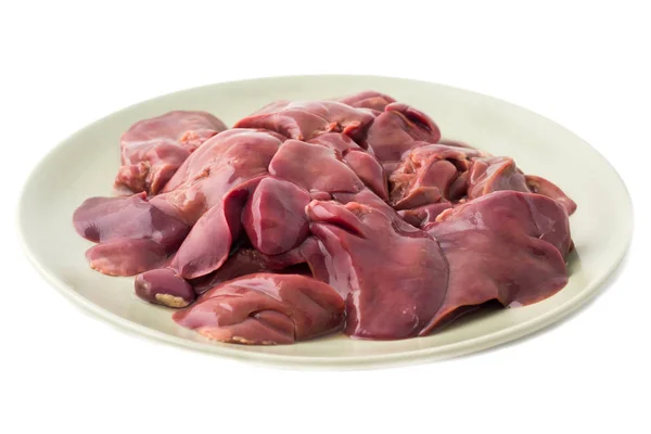 Fresh Raw Chicken Liver Plate Isolated White — Stock Photo, Image