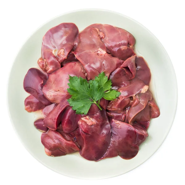 Fresh Raw Chicken Liver Plate Isolated White — Stock Photo, Image