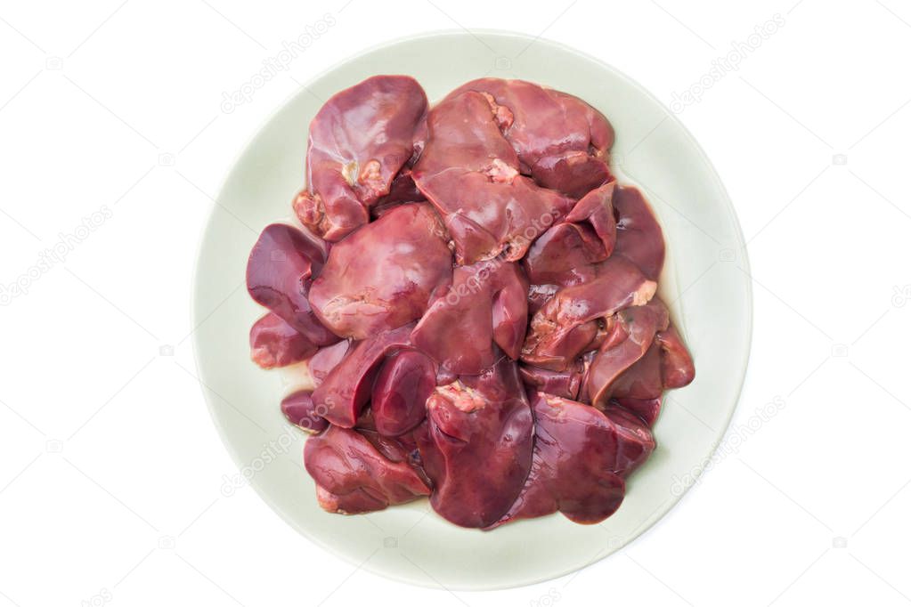 Fresh raw chicken liver on a plate. Isolated on white.