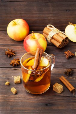 Cam bardağı tarçın, anason ve elma ile yapılan mulled şarap elma şarabı. Kokteyl bar kavramı