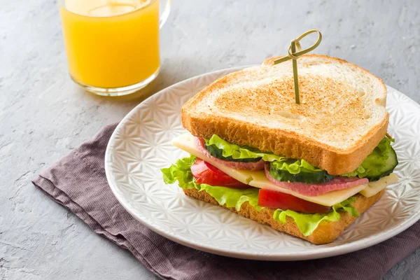 Sandwich Cheese Ham Fresh Vegetables Plate Fresh Juice Cup Coffee — Stock Photo, Image