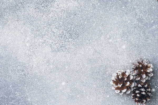 Tannenzapfen Auf Grauem Hintergrund Mit Dem Effekt Fallenden Schnees Textur — Stockfoto
