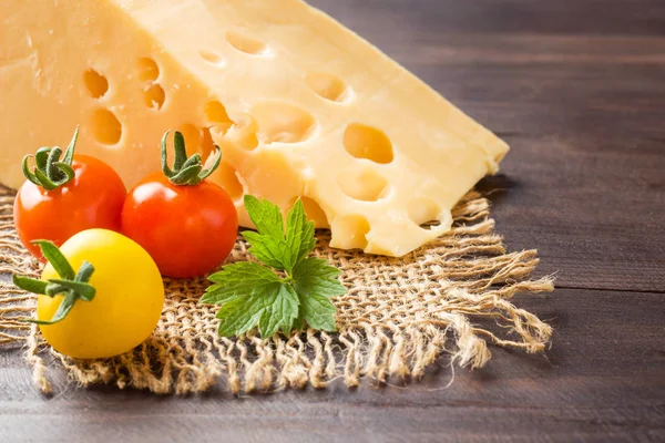 Cheese Tomatoes Dark Wooden Background Copy Space — Stock Photo, Image