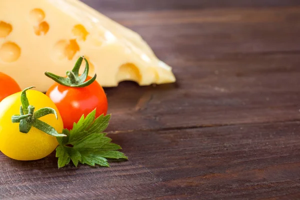 Cheese Tomatoes Dark Wooden Background Copy Space — Stock Photo, Image