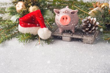 Domuz Noel ağaçları arka plan üzerinde Noel Baba şapkalı bir rakam. Noel süsleri. Yeni yıl kavramı.